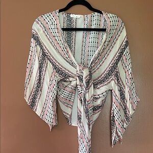 Blush Striped Tie-Front Boho Top in Pink, Black & Cream